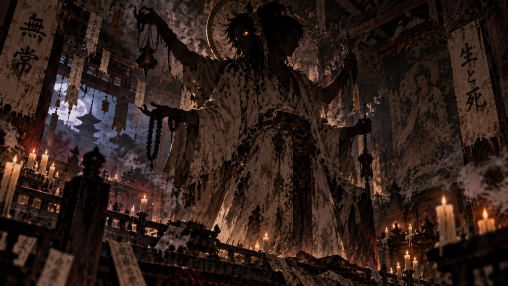 Monstro mitológico ancestral de quatro braços e dois rostos em santuário japonês arcaico