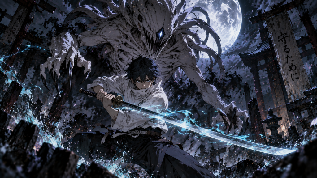 Jovem guerreiro empunhando katana com aura azul protegido por espírito colossal com garras sob lua cheia