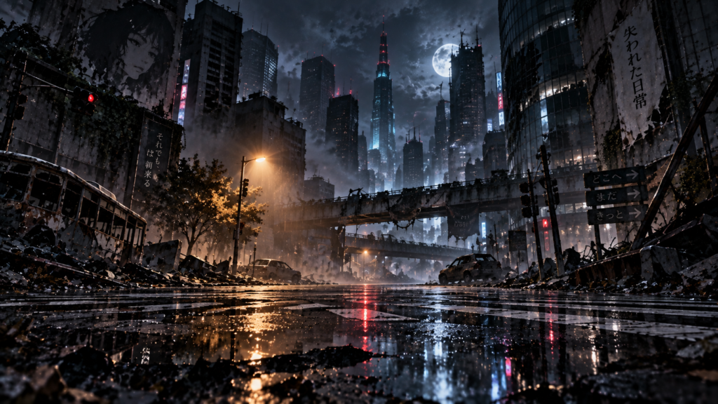 Avenida urbana contemporânea deserta à noite com névoa fria e reflexos de chuva no asfalto