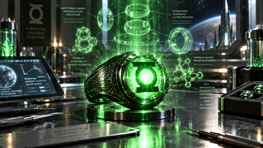 Anel de poder dos Lanternas Verdes projetando filamentos geométricos de luz sólida sobre bancada futurista