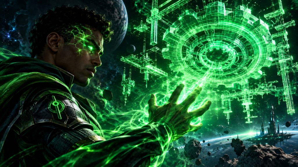 Patrulheiro espacial manifestando estruturas de luz sólida com concentração mental