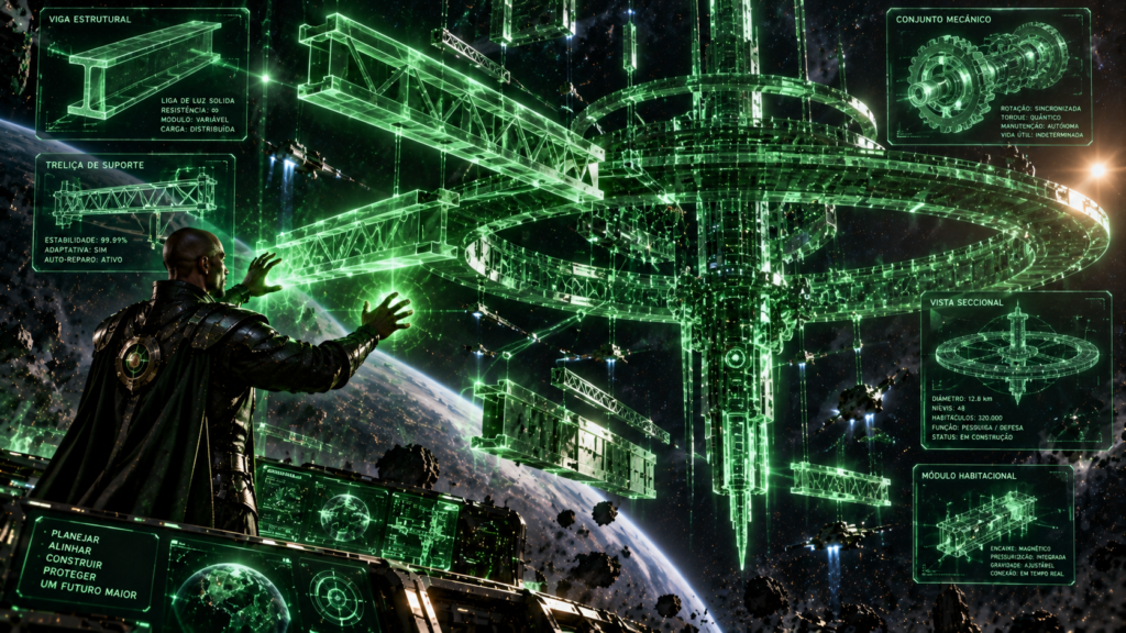 Esquema técnico translúcido de construto de luz sólida com vigas mecânicas e engrenagens no vácuo espacial