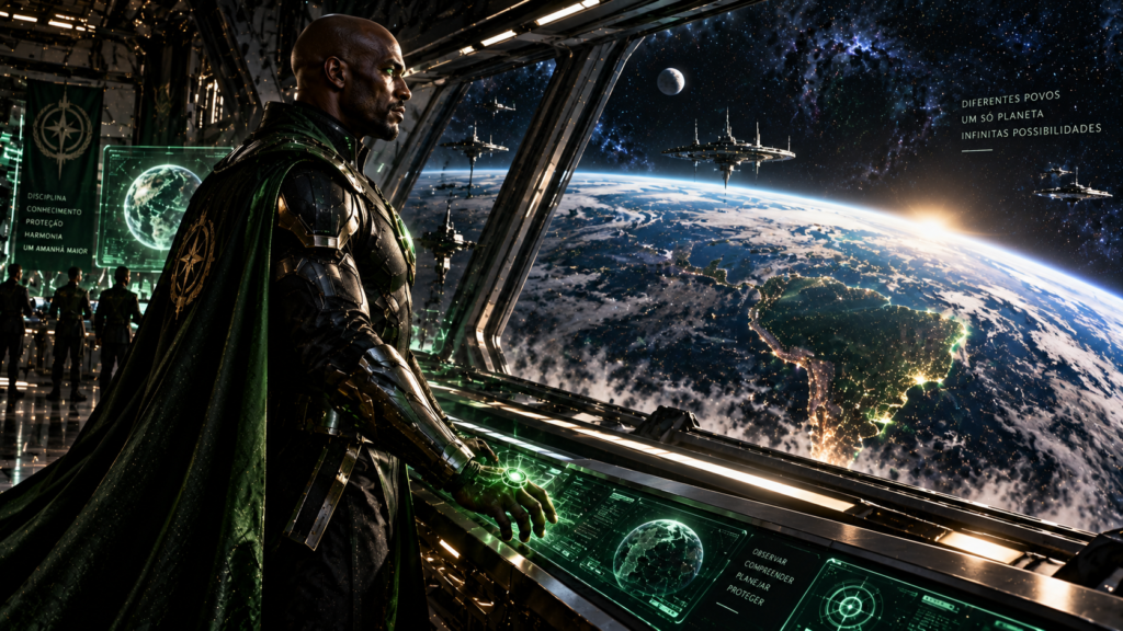 Oficial cósmico negro observando a Terra através de janela de estação espacial orbital