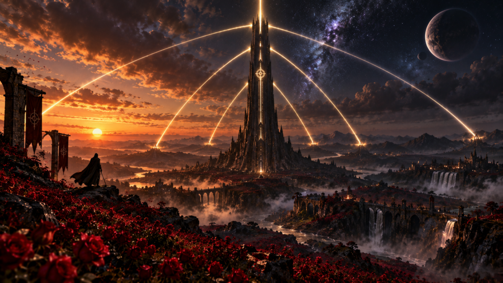 Torre sombria com feixes de luz cruzando o horizonte em meio a rosas carmesins