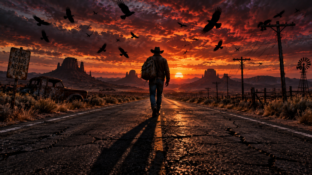 Homem misterioso de jaqueta jeans caminhando por rodovia deserta ao pôr do sol com corvos voando