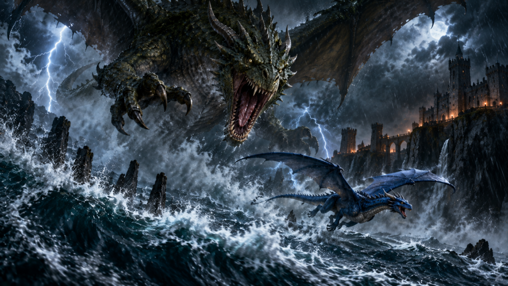 Dragão colossal emboscando dragão menor e ágil em meio a tempestade com raios sobre o mar revolto