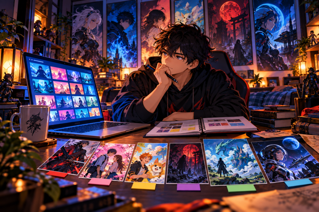 Pessoa escolhendo animes por gênero diante de um notebook com cartões de ação, romance, comédia, horror, fantasia e ficção científica