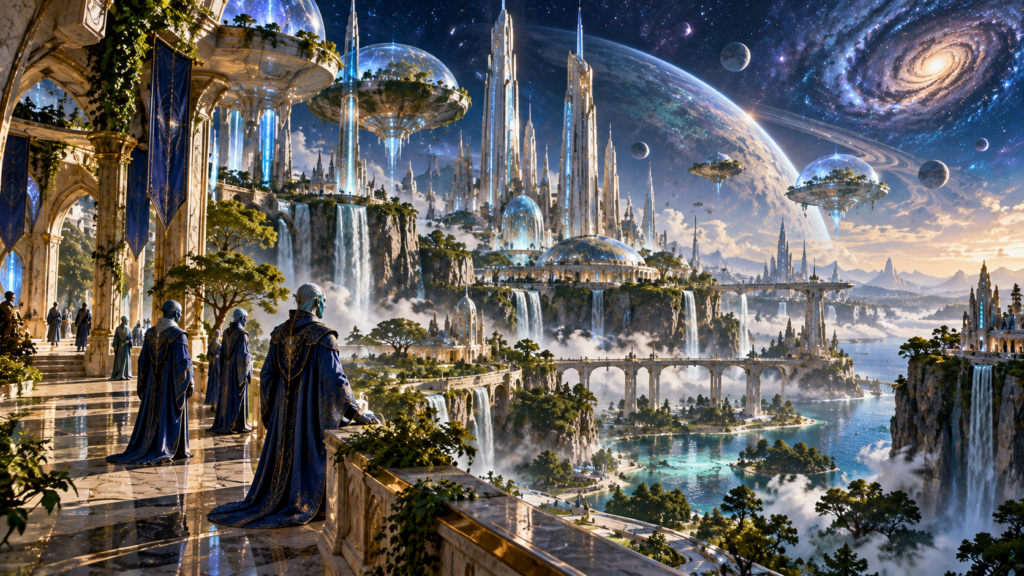 Planeta ancestral com arquitetura alienígena cristalina e sábios de túnicas azuis sob céu estrelado